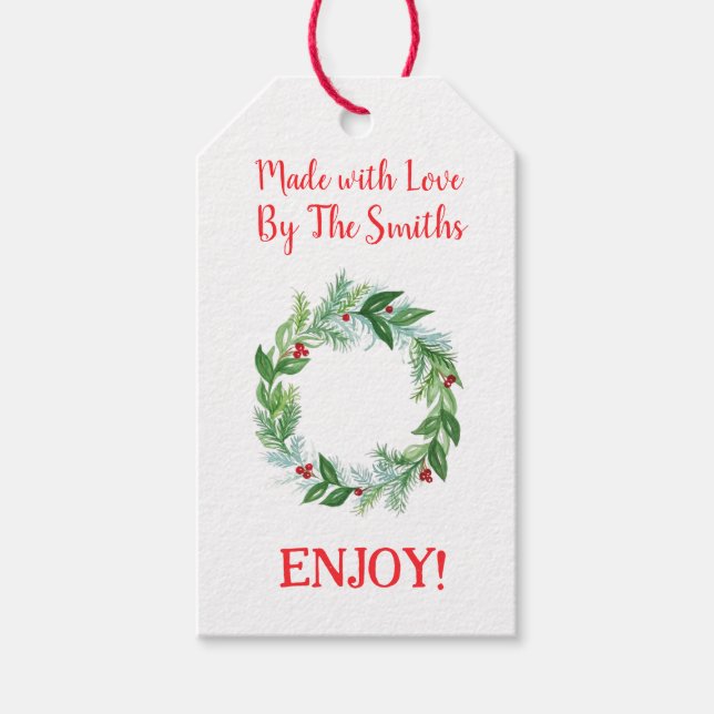 Étiquettes-cadeau Couronne de vacances à l'aquarelle Pine Berry RÉAL (Devant)