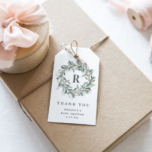 Étiquettes-cadeau Couronne de verdure à monogramme Baby Shower Merci