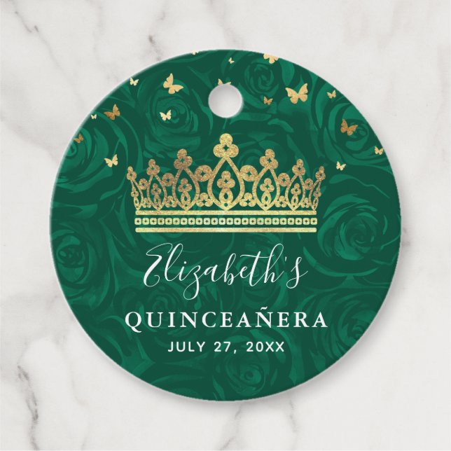 Étiquettes Cadeau Couronne élégante verte, rose et or, cadeau de rem (Devant)