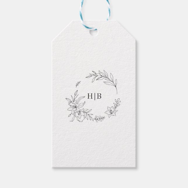 Étiquettes-cadeau Couronne Florale Classique Monogramme Mariage (Devant)