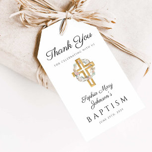 Étiquettes-cadeau Couronne florale élégante Croix Baptême