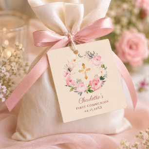Étiquettes Cadeau Couronne florale rose blush ivoire pour première c