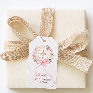 Étiquettes-cadeau Couronne florale rose en ruban pour la Première Co
