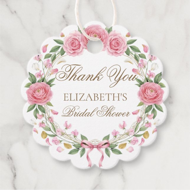 Étiquettes Cadeau Couronne florale rose pâle délicate Script Merci (Devant)