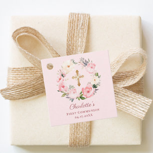 Étiquettes Cadeau Couronne florale rose pastel pour la Première Comm