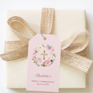 Étiquettes-cadeau Couronne florale rose pastel pour première communi