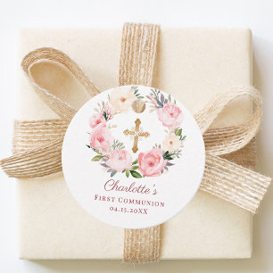Étiquettes Cadeau Couronne florale rose pour la Première Communion D