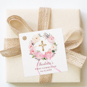 Étiquettes Cadeau Couronne florale rose ruban Première Communion DIY