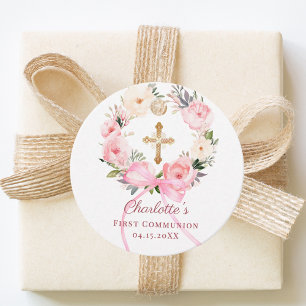 Étiquettes Cadeau Couronne florale rose ruban Première Communion DIY