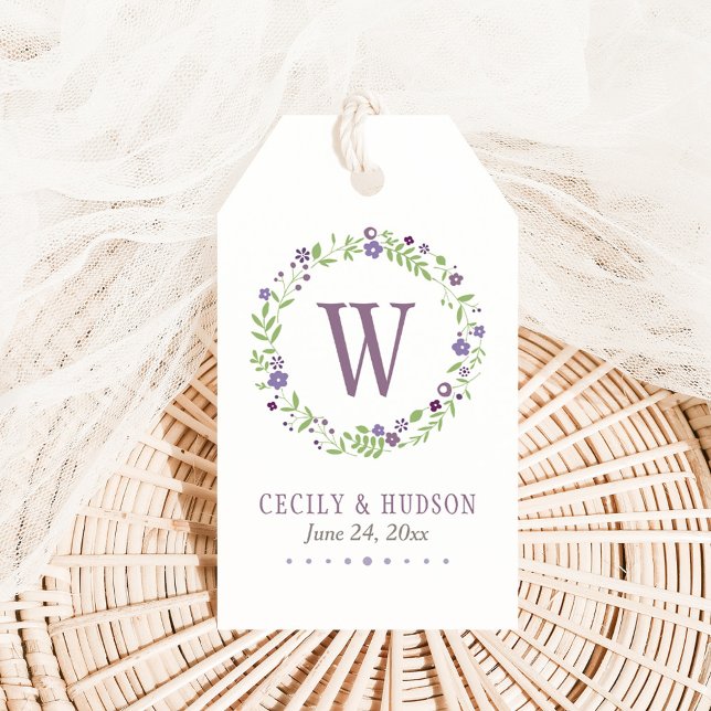 Étiquettes-cadeau Couronne florale violette verte rustique, Monogram (Créateur téléchargé)