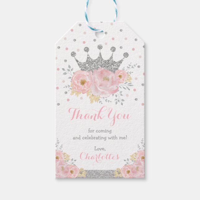 Étiquettes-cadeau Couronne Princesse Bébé Fille 1er anniversaire Arg (Devant)