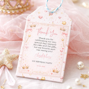 Étiquettes-cadeau Couronne Princesse en Or Rose Conte de Fées 1er An
