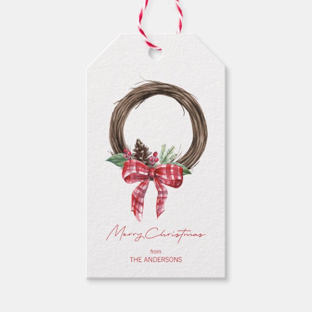 Étiquettes-cadeau Couronne Rustique Grapevine Joyeux Noël (Devant)