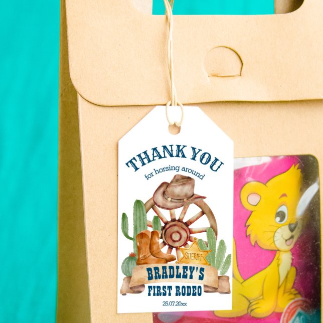 Étiquettes-cadeau Cowboy 1er rodéo cheval fête de ferme merci (Créateur téléchargé)