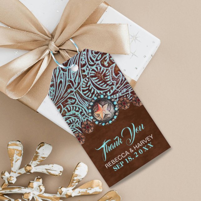 Étiquettes-cadeau cowboy brun turquoise pays mariage de l'ouest (turquoise brown cowboy country western wedding gift tags)