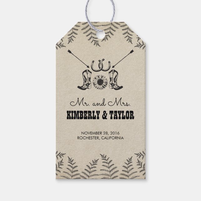 Étiquettes-cadeau Cowboy Chaussures Mariage campagnard M. et Mme. (Devant)