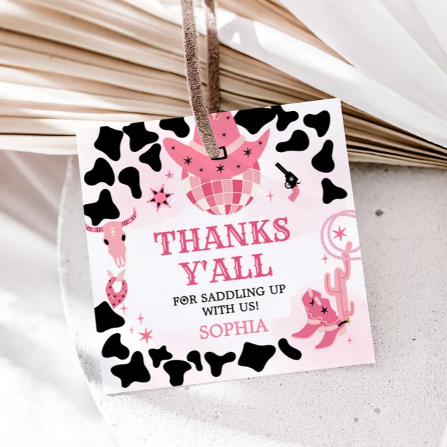 Étiquettes Cadeau Cowgirl Disco Carré de fête d'anniversaire (Yee Haw Cowgirl Disco Birthday Party Square Favor Tags)