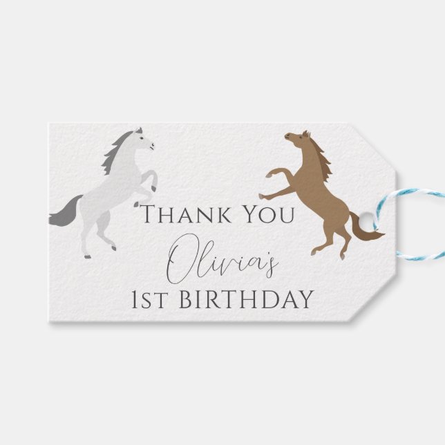 Étiquettes-cadeau Cowgirl Horse 1er anniversaire Merci (Devant (Horizontal))