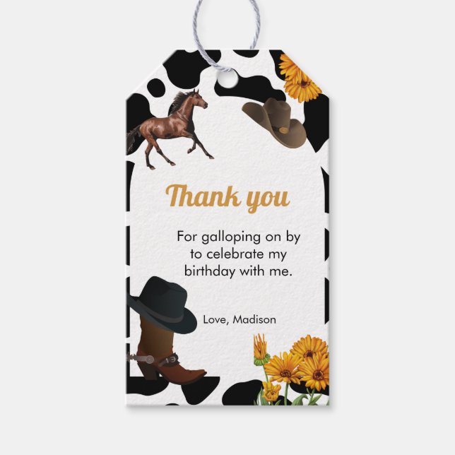 Étiquettes-cadeau Cowgirl premier rodéo anniversaire merci (Devant)