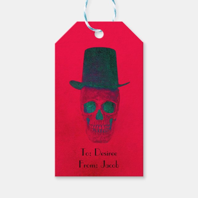 Étiquettes-cadeau Crâne avec chapeau rouge vert Halloween Noël (Devant)