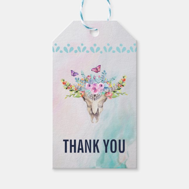 Étiquettes-cadeau Crâne Boho avec papillons et Merci de fleurs (Devant)