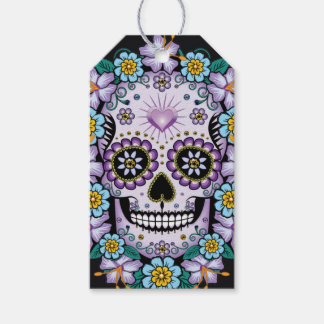 Étiquettes-cadeau Crâne de sucre violet avec des fleurs