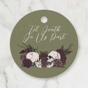 Étiquettes Cadeau Crâne et Rose Ronds Vert Olive Gothique