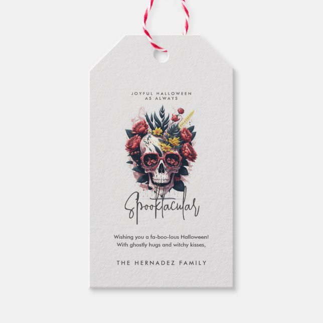 Étiquettes-cadeau Crâne floral Faboolous Spooktacular Nom de famille (Devant)