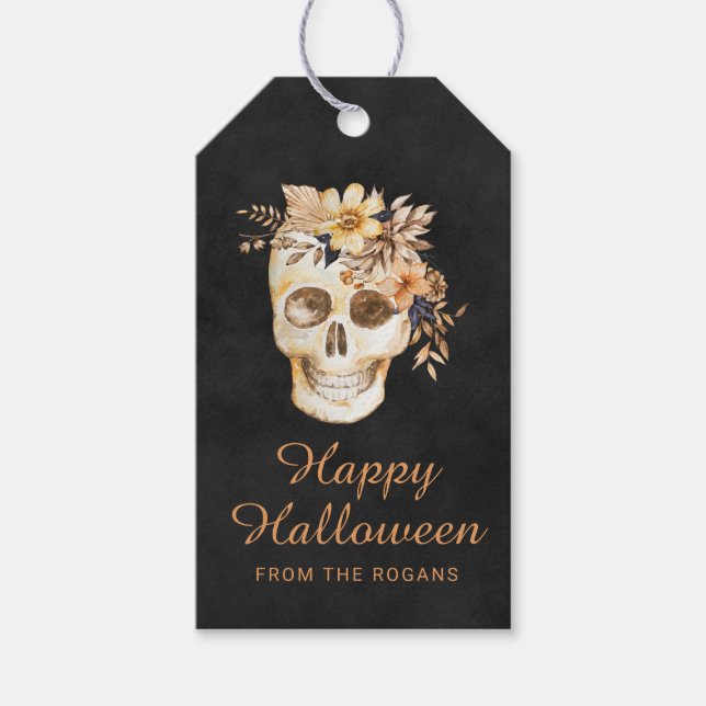 Étiquettes-cadeau Crâne Floral Rustique Halloween (Devant)