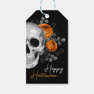 Étiquettes-cadeau Crâne gothique et fleurs Joyeux Halloween