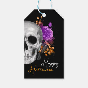 Étiquettes-cadeau Crâne gothique et fleurs Joyeux Halloween