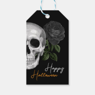 Étiquettes-cadeau Crâne gothique et rose noire Joyeux Halloween