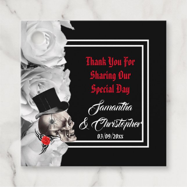 Étiquettes Cadeau Crâne gothique noir merci mariage (Devant)