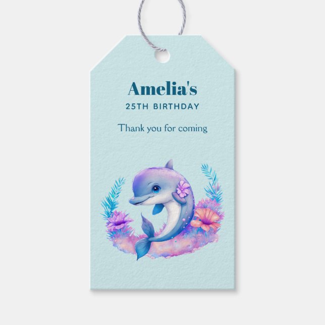 Étiquettes-cadeau Créature Mer Dauphin Cute Anniversaire Merci (Devant)