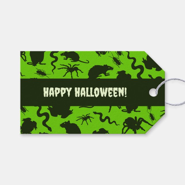 Étiquettes-cadeau Créatures rampantes Joyeux Halloween ! Motif noir (Devant (Horizontal))