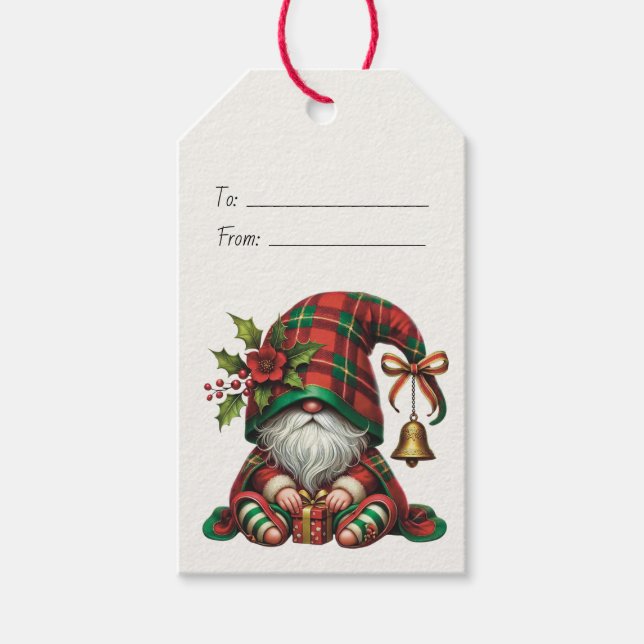 Étiquettes-cadeau Créez votre propre Noël Floral Plaid Gnome Bell (Devant)