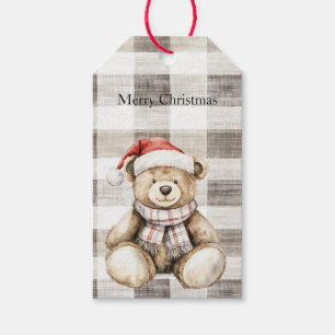 Étiquettes-cadeau Crème biologique Tan Christmas Teddy Bear Santa Ha