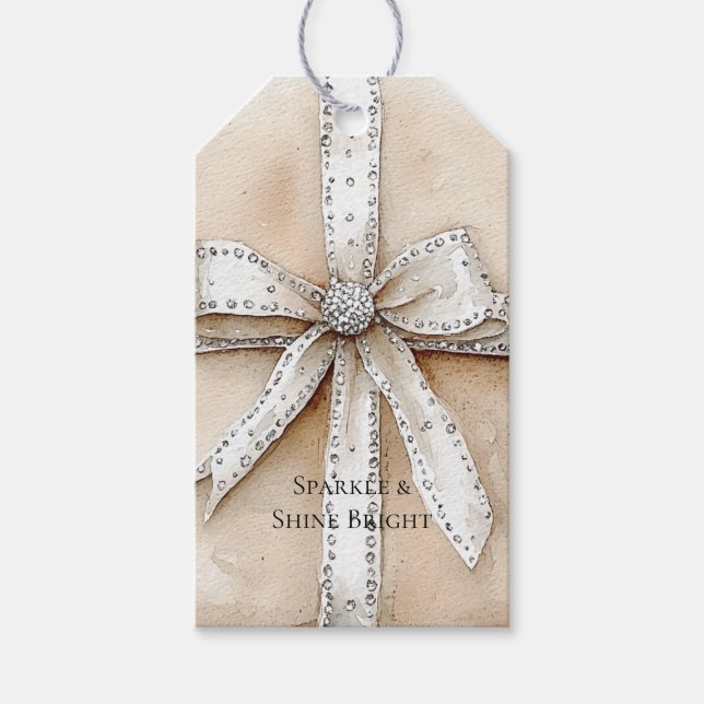 Étiquettes-cadeau Crème blanc Argent brillant Bow (Devant)