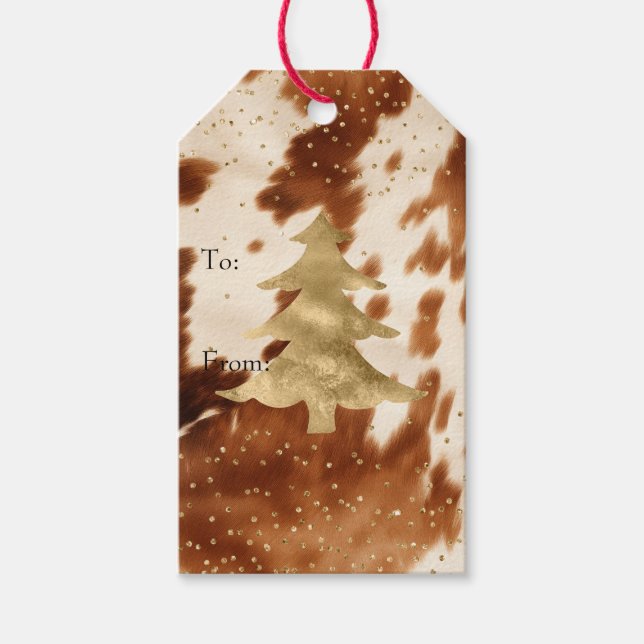 Étiquettes-cadeau Crème Brown Cowhide Gold Tree (Devant)