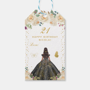 Étiquettes-cadeau Crème Fleurale Fille à peau foncée Joyeux Annivers