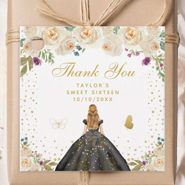 Étiquettes Cadeau Crème Floral Blonde cheveux fille Sweet sixteen (Créateur téléchargé)