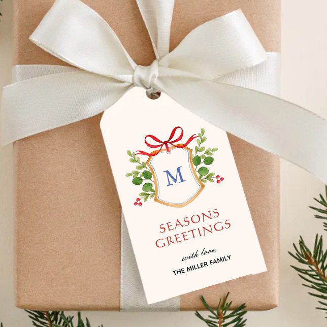 Étiquettes-cadeau Crête de monogramme avec vacances de verdure  (Créateur téléchargé)