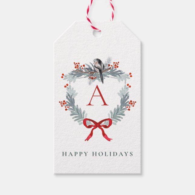 Étiquettes-cadeau Crête de Noël Monogramme Bow rouge Oiseau d'hiver (Devant)