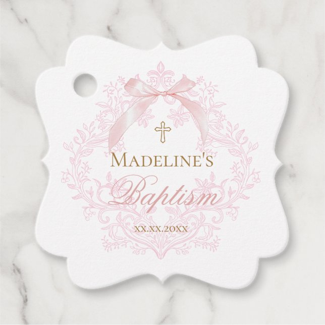 Étiquettes Cadeau crête rose aquarelle | Baptême (Devant)