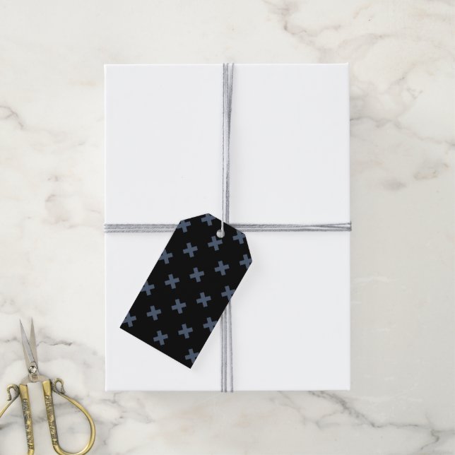 Étiquettes-cadeau Crochets bleu-gris sur noir (Avec de la ficelle)