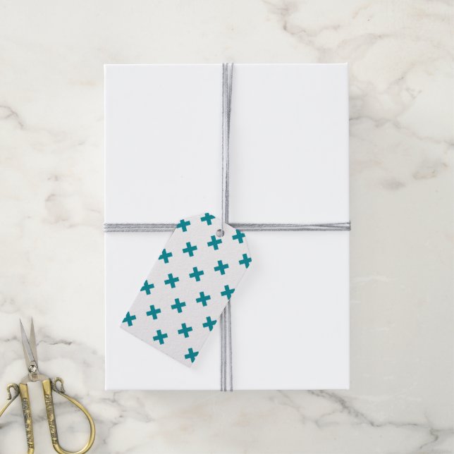 Étiquettes-cadeau Crochets turquoises sur blanc (Avec de la ficelle)