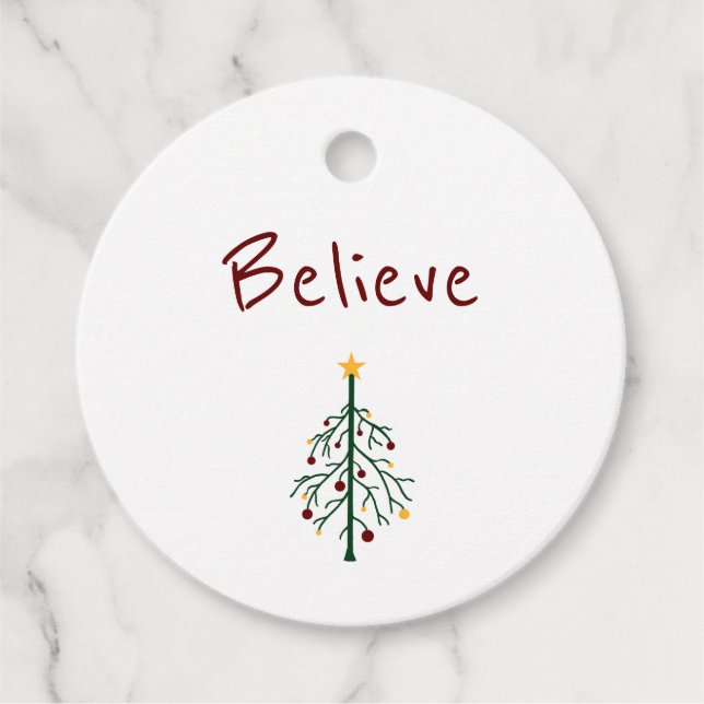 Étiquettes Cadeau Croire sapin de Noël Rouge Vert simple (Devant)