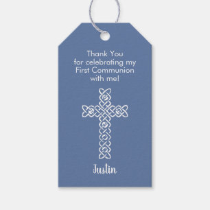 Étiquettes-cadeau Croix Baptême de communion gris bleu