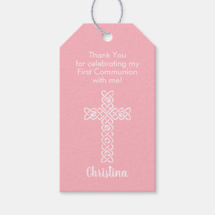 Étiquettes-cadeau Croix blanche   Pink Communion Baptism Christening
