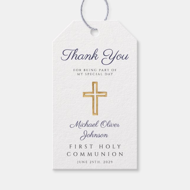 Étiquettes-cadeau Croix Bleue Religieux Stripes Garçon Première Comm (Devant)